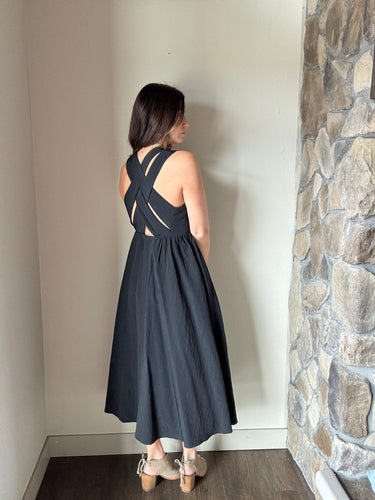 juno black cross back midi dress