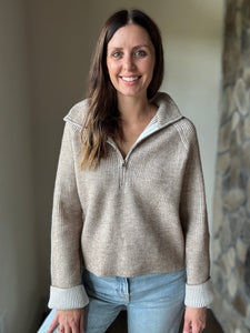 mocha mousse two-tone ribbed zip sweater