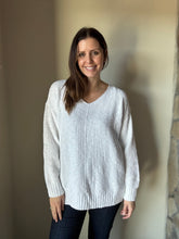 Load image into Gallery viewer, white classic cotton v-neck textured sweater