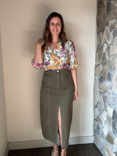 Load image into Gallery viewer, olive denim slit front long skirt