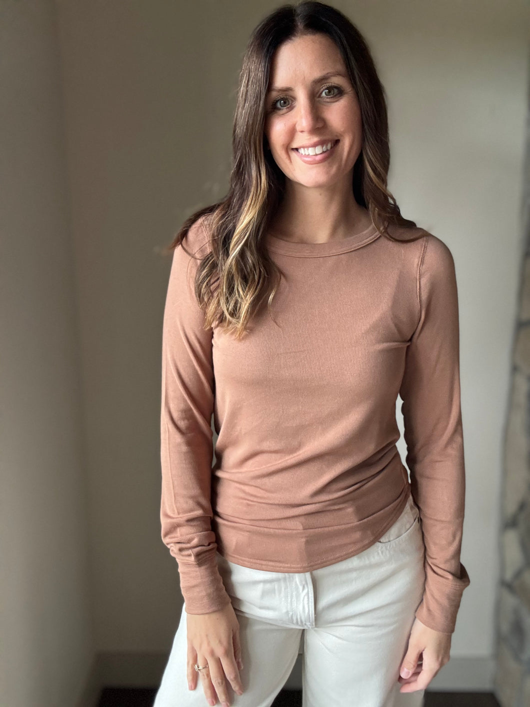 cinnamon soft ribbed long sleeve top