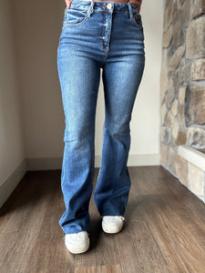 dark high rise flare jeans