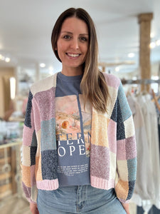 blue + lavender multi check cardigan