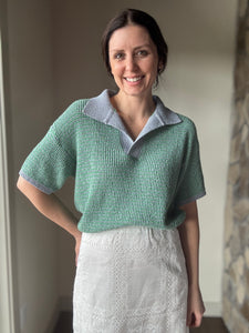 green + blue knit short sleeve collared top
