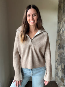mocha mousse two-tone ribbed zip sweater