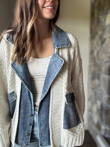 chunky knit cardigan with denim layer