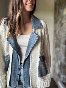 chunky knit cardigan with denim layer