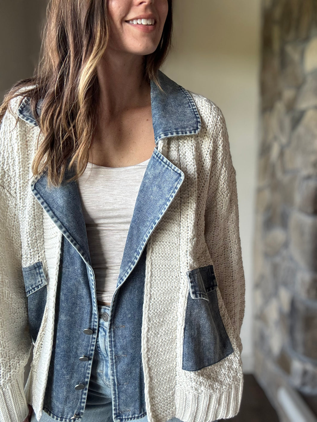 chunky knit cardigan with denim layer