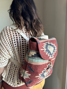 rust, brown, turquoise + tan aztec woven backpack