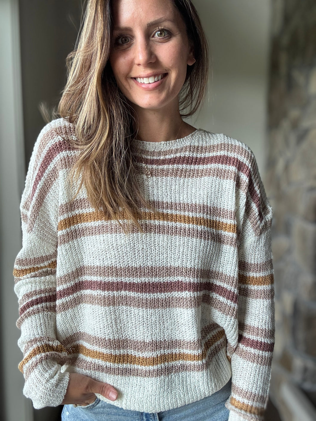 white rose striped relaxed sweater