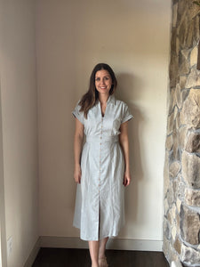 dusty blue button down collared cotton dress