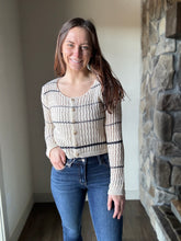 Load image into Gallery viewer, taupe + navy stripe cardigan sweater