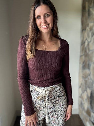 bordeaux pointelle knit long sleeve top