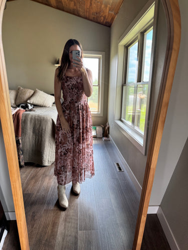 brown + blush mesh floral dress