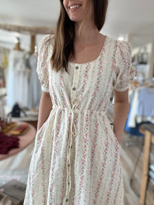vintage pink floral cream button midi dress