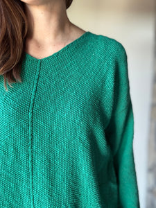 green classic cotton v-neck textured sweater