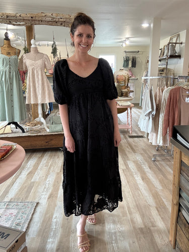black jacquard floral midi dress