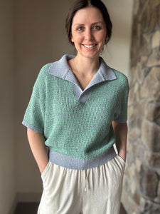 green + blue knit short sleeve collared top