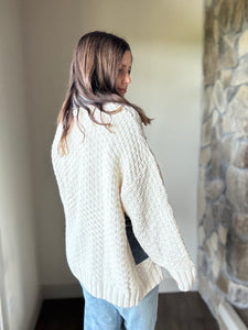 chunky knit cardigan with denim layer