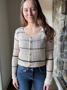 taupe + navy stripe cardigan sweater