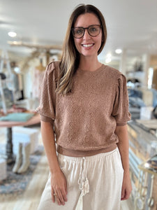 brown jacquard half sleeve sweatshirt
