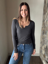 Load image into Gallery viewer, charcoal notched ribbed long sleeve tee