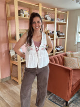 Load image into Gallery viewer, embroidered floral tie front peplum top