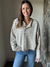 Load image into Gallery viewer, taupe + ivory stripe button down cardigan
