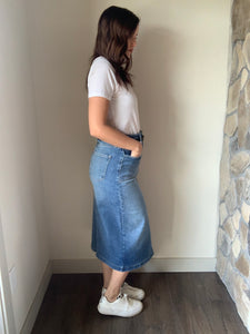 utility pocket denim midi skirt