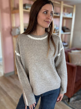Load image into Gallery viewer, taupe embroidered stitch sweater