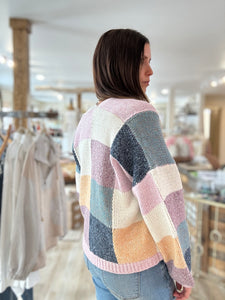 blue + lavender multi check cardigan