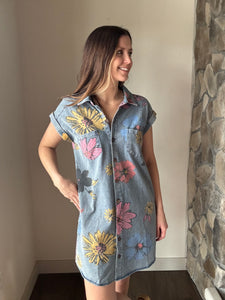 may flowers denim button down dress