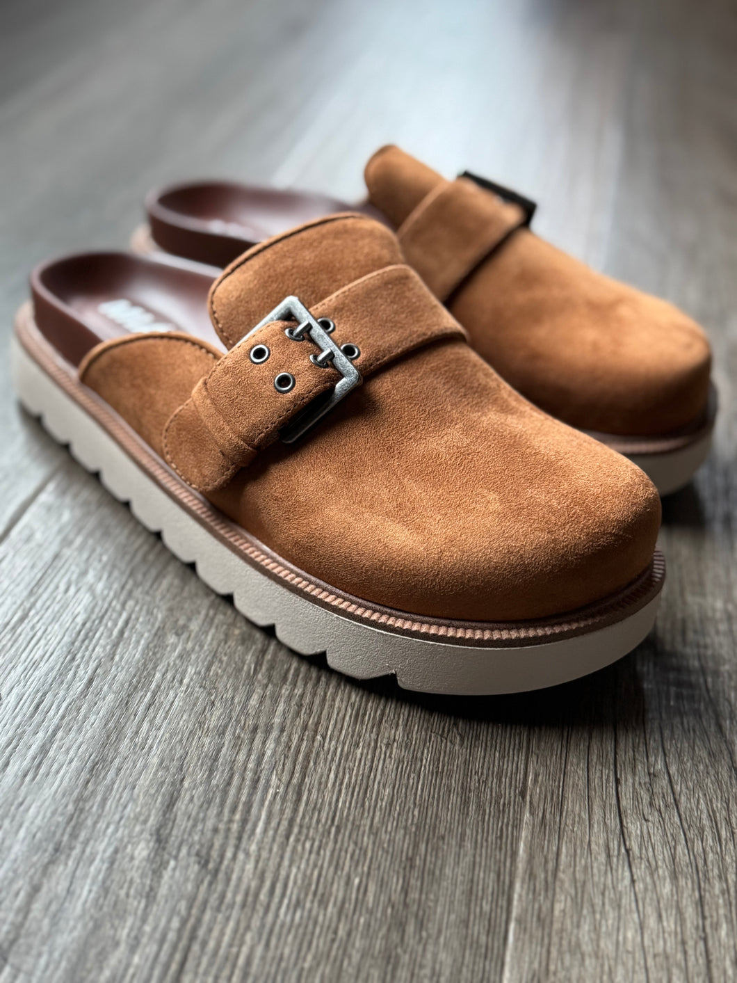 whiskey suede clog