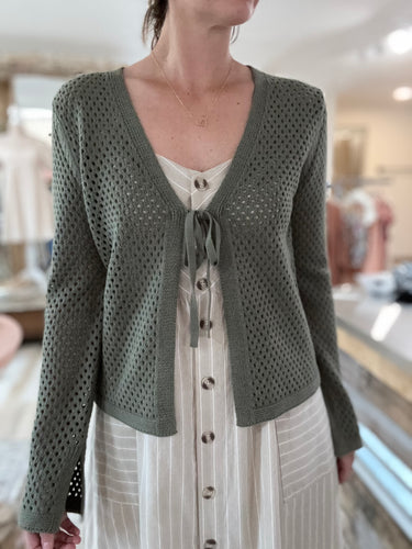 olive open knit tie front cardigan