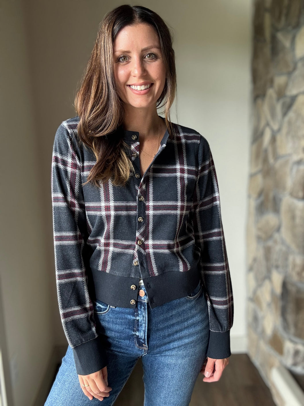 midnight + red plaid cardigan