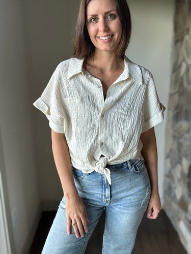 oatmeal short sleeve button down top