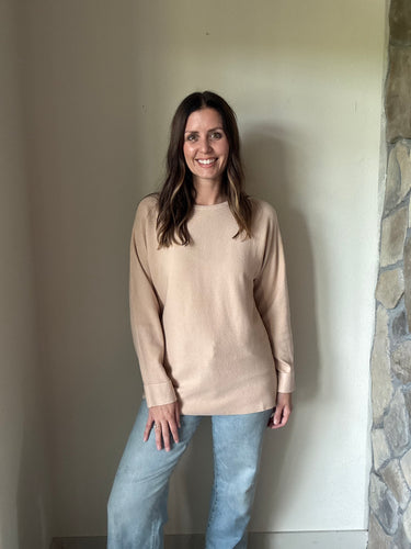 warm taupe ribbed dolman sweater