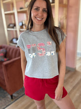 Load image into Gallery viewer, USA floral patchwork soft grey tee