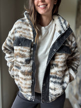 Load image into Gallery viewer, cream+brown sherpa jacket with black denim detailing