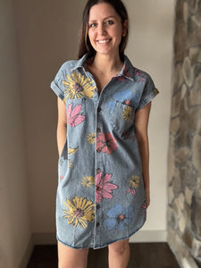 may flowers denim button down dress