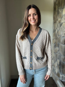 taupe checkered weave button cardigan