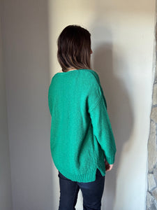 green classic cotton v-neck textured sweater