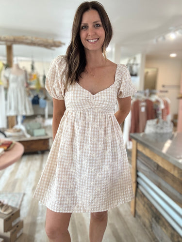 taupe gingham embroidered sweetheart dress