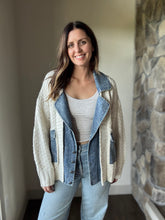 Load image into Gallery viewer, chunky knit cardigan with denim layer