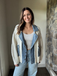 chunky knit cardigan with denim layer