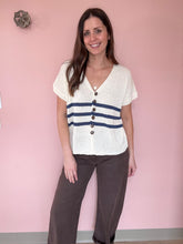 Load image into Gallery viewer, cream + navy stripe button top