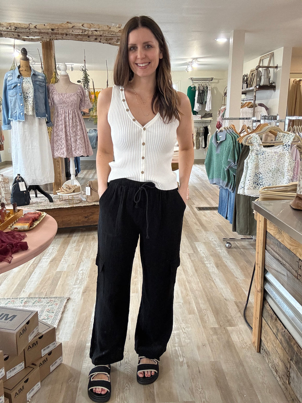 black cotton gauze cargo wide leg pants