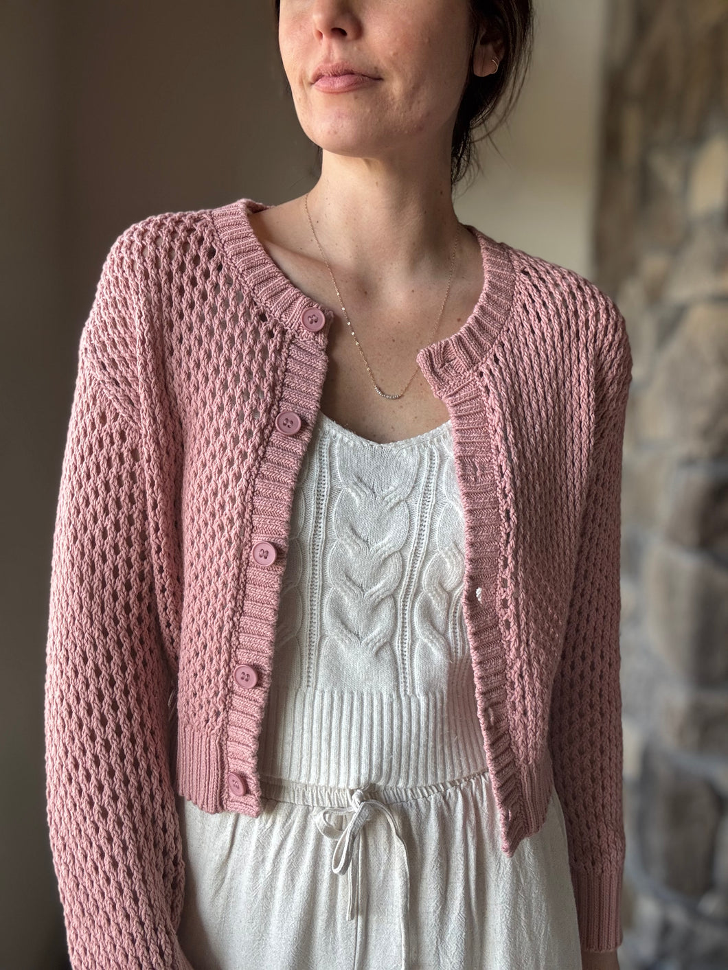 dusty rose crochet button cardigan