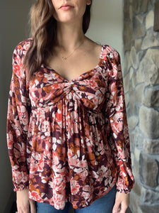 burgundy floral twist front top