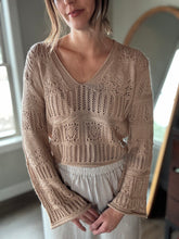 Load image into Gallery viewer, taupe v-neck crochet sweater